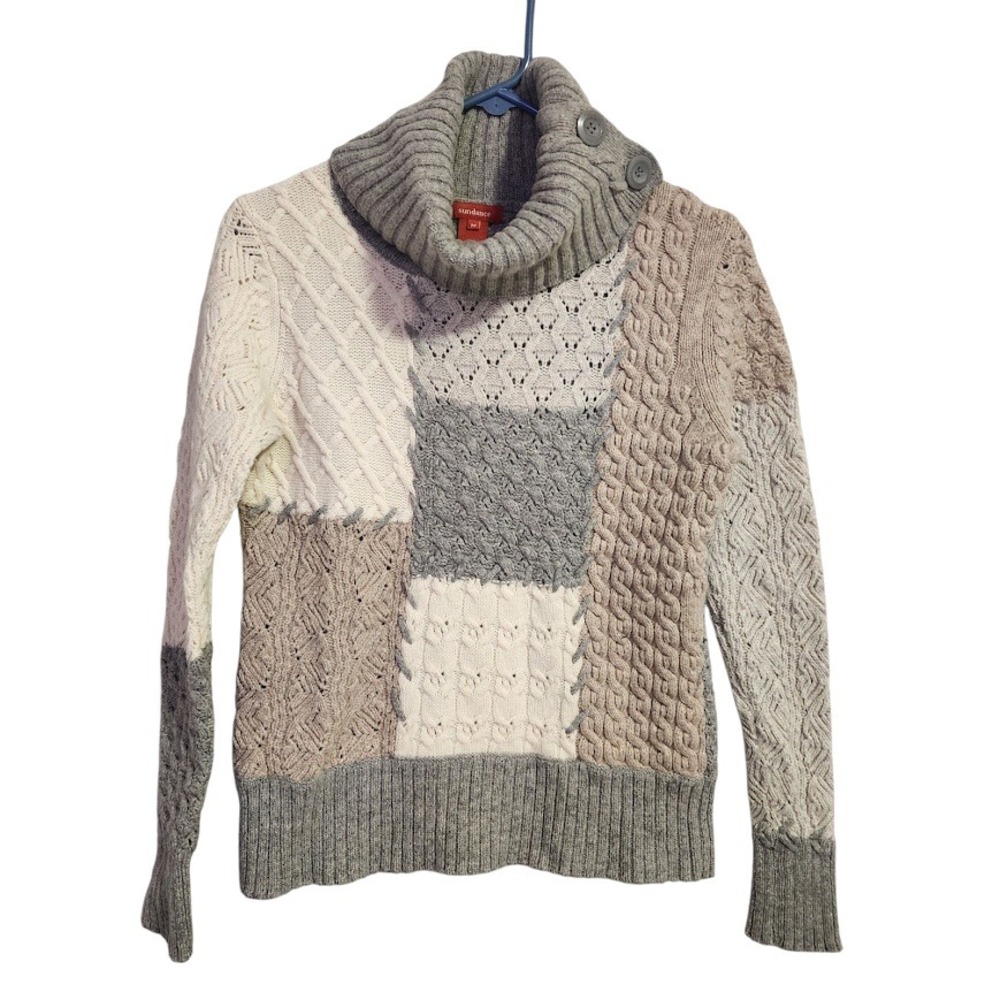 Sundance Lambswool Patchwork Cable Knit Turtlenec… - image 1